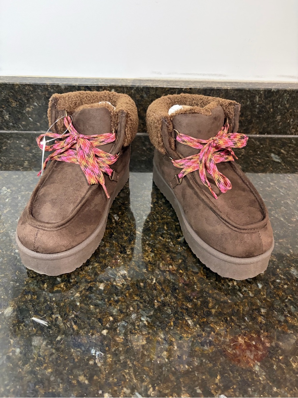 FALLS CREEK NWT Women’s Brown Faux-Suede Winter Ankle Boots with Pink Multi Lace